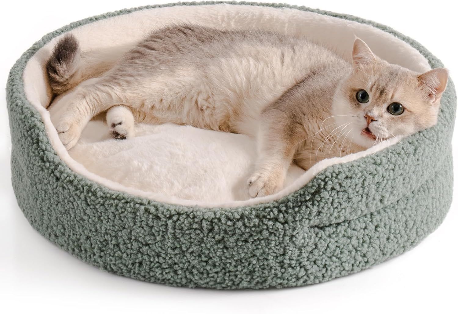 Mewoo Washable Pet Bed For Cats & Small Dogs - 23x23x7 Inch Round Orthopedic Bed With Non-Slip Bottom, Plush Indoor Cat Bed For Kittens & Puppies, Sage Green