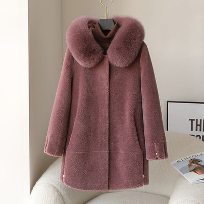Women's Fox Fur Collar Hooded Sheep Shearling Coat