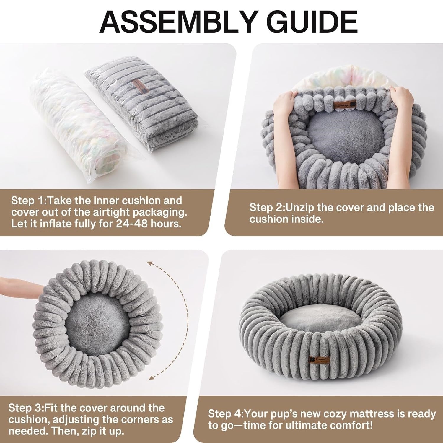 MEWOOFUN Donut Cat Bed - Washable Round Pet Bed For Indoor Cats & Kittens, Fluffy Non-Slip Calming Bed For Puppies, Grey