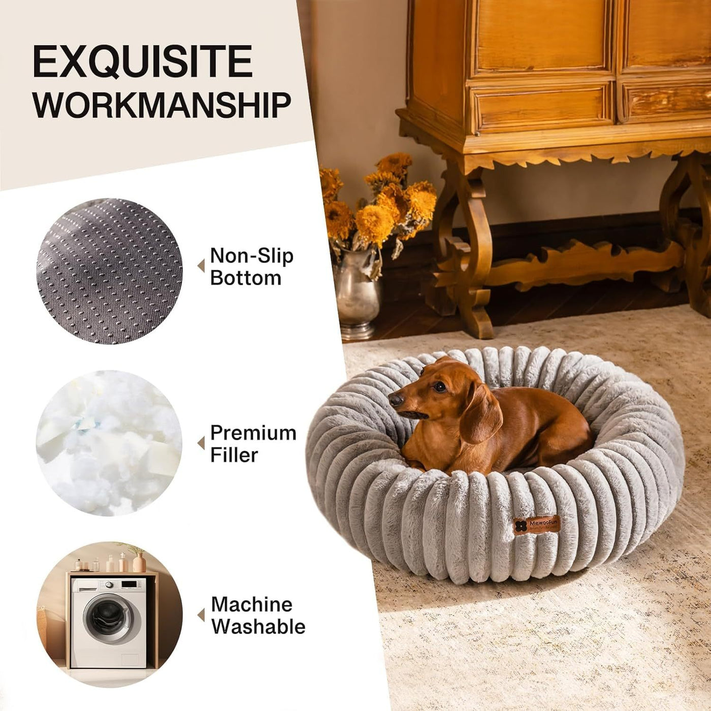 MEWOOFUN Donut Cat Bed - Washable Round Pet Bed For Indoor Cats & Kittens, Fluffy Non-Slip Calming Bed For Puppies, Grey