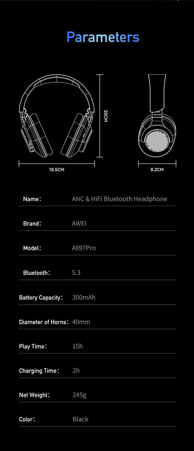 AWEI ANC Active Noise Cancelling Bluetooth Headset